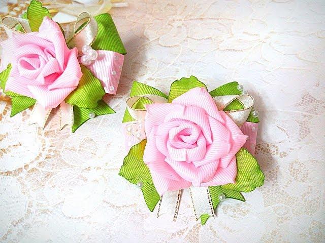 Нарядные резинки бантики канзаши из лент МК /  hair clips ribbon kanzashi DIY