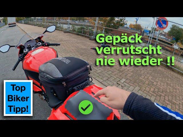 Gepäck auf dem Motorrad sicher und rutschfest anbringen - Dank 11 Euro Tool!! Reise kann los gehen!