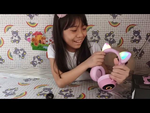 Unboxing BT028C Cute Cat Eat Bluetooth Foldable Headphone with LED light