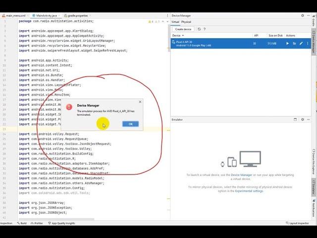 How to resolve The emulator process for AVD Pixel_API_30 has terminated