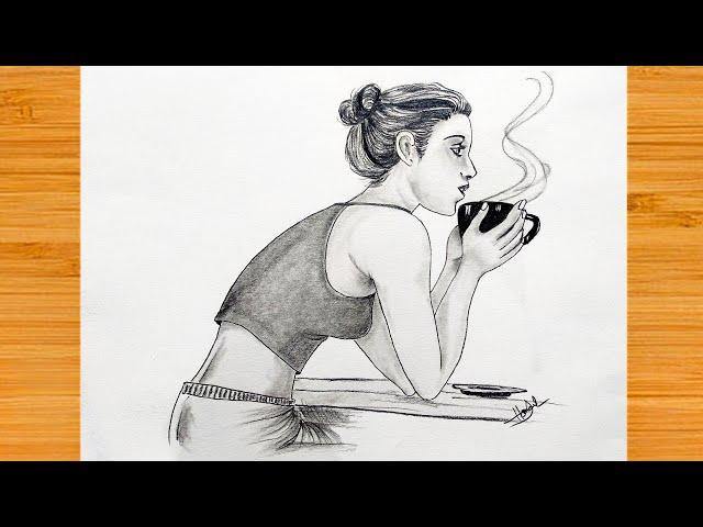 How To Draw A Girl Drinking Coffee || Beautiful Girl Pencil Sketch Step By Step.