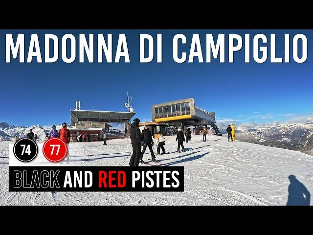 Skiing Black and Red Pistes 74, 77 in Madonna di Campiglio, Dolomiti di Brenta