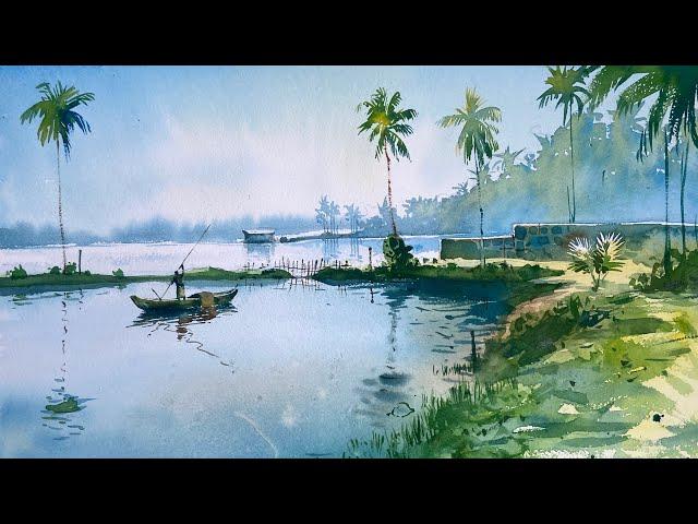 Watercolor Painting of beautiful landscape of Kerala | Prashant Sarkar.