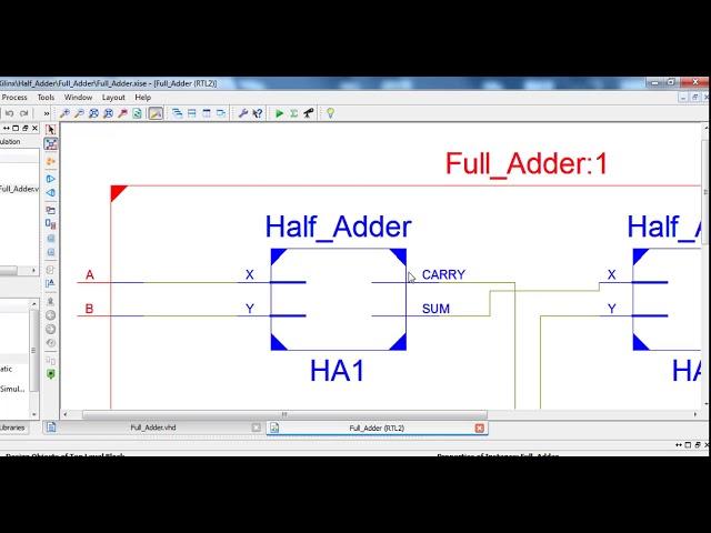 Full Adder Structural Model Design and Simulation + Test Bench in  VHDL using ISE Xilinx Simulator