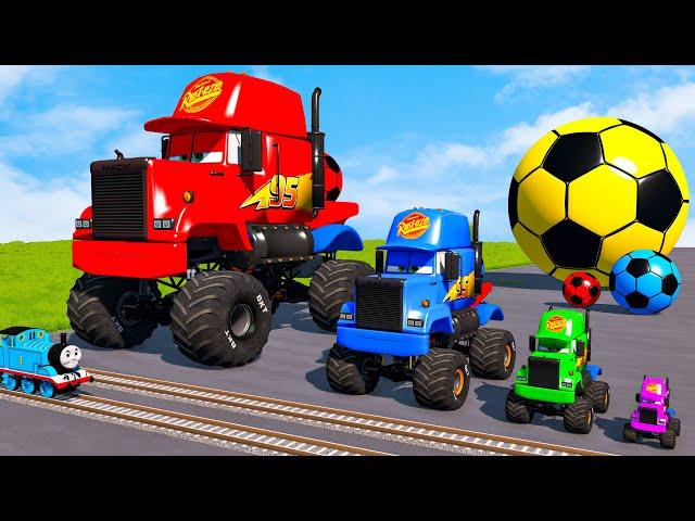 4 MONSTER TRUCKS vs Big & Small Long Mack Truck with Ball vs Train Thomas - BeamNG.Drive