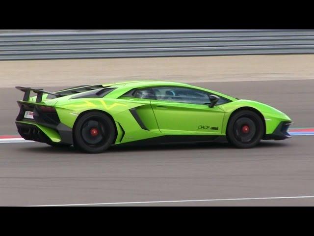 Green + Yellow Lamborghini Aventador SV pushing it on the track  | LOUD Accelerations + Downshifts