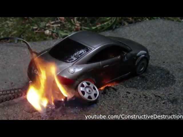 RC car burnout ends in flames