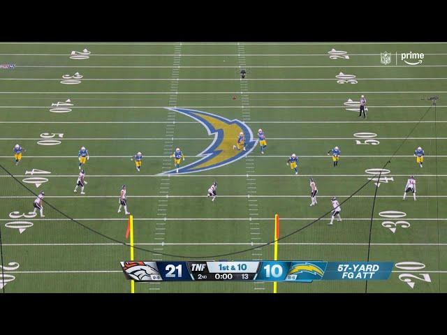 Dicker nails 57-yard free-kick FG following Broncos penalty to close first half