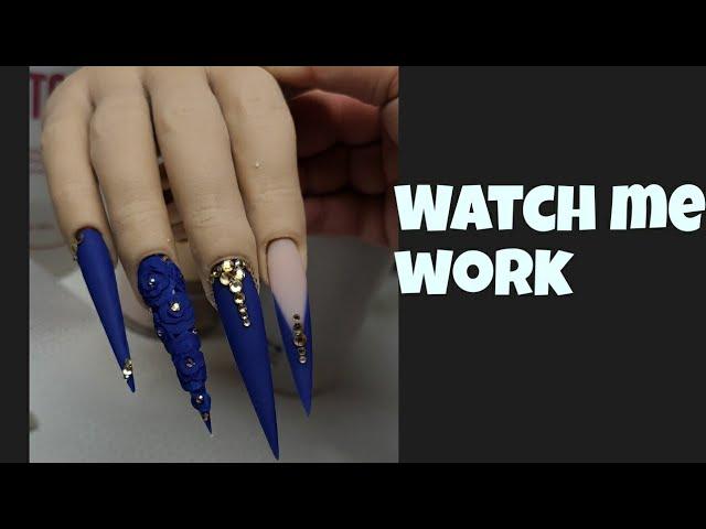 Watch me work| Long Blue nails| 3d roses | golden bling