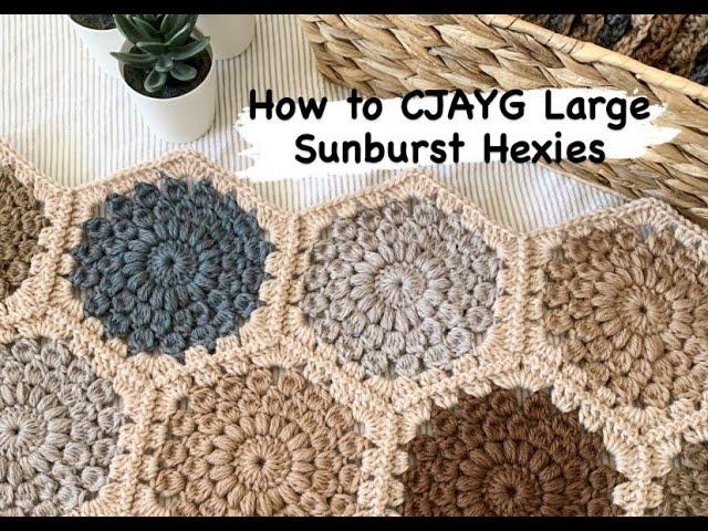 Crochet: How to CJAYG (continuous join as you go) Large Sunburst Hexies (Hexagons)