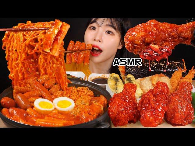 ASMR MUKBANG Spicy chicken Tteokbokki, Seasoned Chicken, Cheese Kimchi Gimbap, fried food, Eating