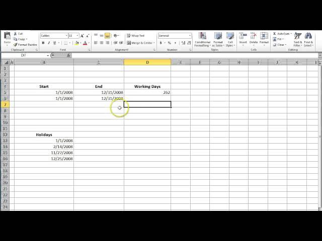 Calculate Working Days Between Two Dates in Excel 2010