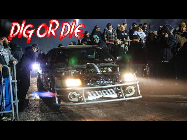 Twin Turbo Stick Shift Crown Vic takes on the Super Bowl of No Prep Racing! Dig or Die