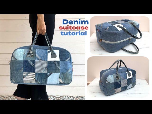 how to sew denim patchwork suitcase tutorial from old jeans , denim travel bag tutorial , diy bag