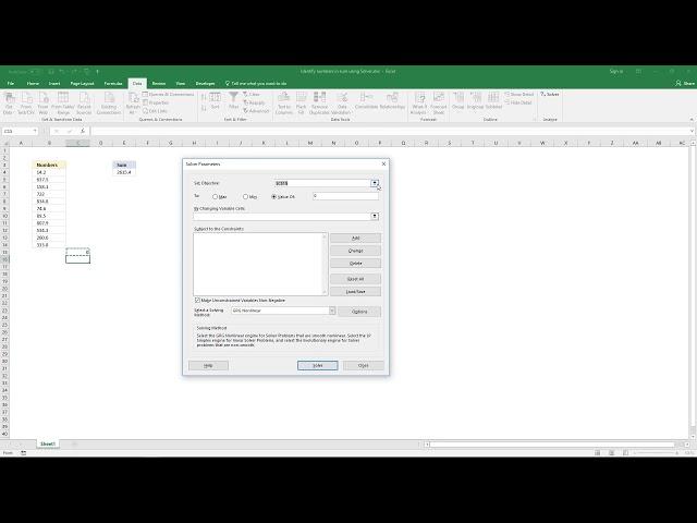 Find numbers in sum [Excel Solver]