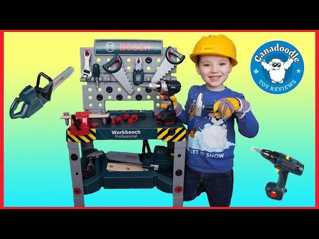 Bosch Mini Workbench Professional play tools for kids unboxing pretend playtime with Canadoodle