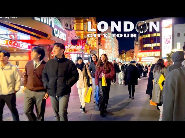 Winter Night Walk in London City 2024 -  London Virtual Travel Video | London Night Walk 4K