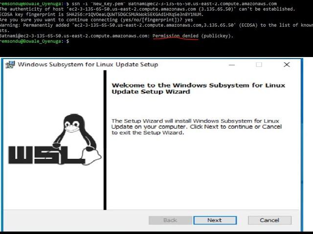 AWS EC2 Access SSH Permission denied (Public Key) resolved using WLS on Windows 10