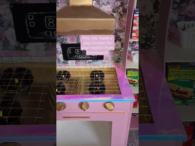 I made this beautiful play kitchen using foam board!! #diy #diyhomedecor #diycrafts #diyplaykitchen