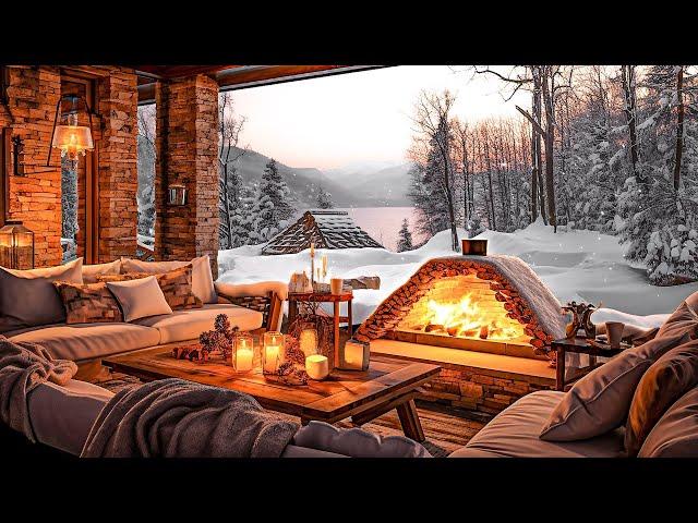 Soothing Winter Ambience Coffee Shop With Gentle Snowfall  Relaxing Smooth Jazz Instrumental Music