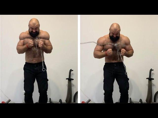 Amazing Strongman Breaks Metal Chains Only Using His Muscles