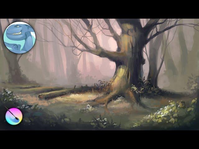 Digital painting in Krita - Landscape with an old tree