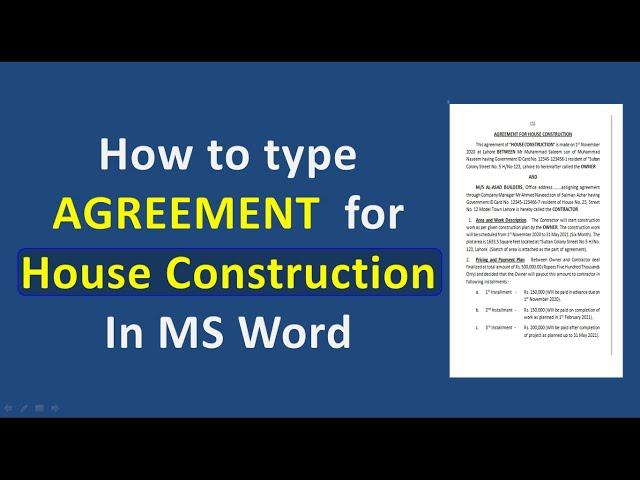 How to type Contract for House Construction in MS Word | Agreement format for House Construction