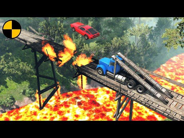 Cars vs Burning Bridge - BeamNG.Drive