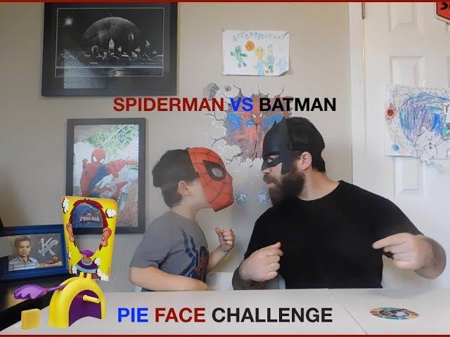 Pie Face challenge game! Batman vs. Spiderman! See who wins!