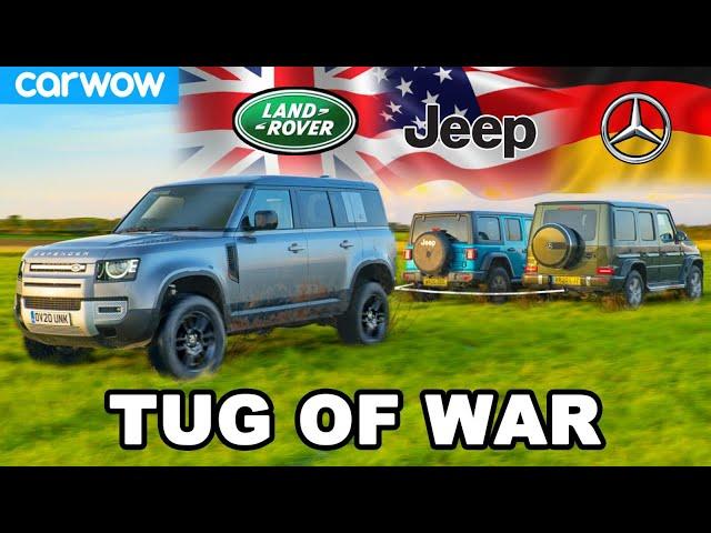 Mercedes G350 v Land Rover Defender v Jeep Wrangler - TUG OF WAR