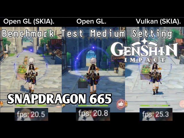 Test Rendering Vulkan (Skia), OpenGL (Skia), OpenGL, Genshin Impact Redmi Note 8...