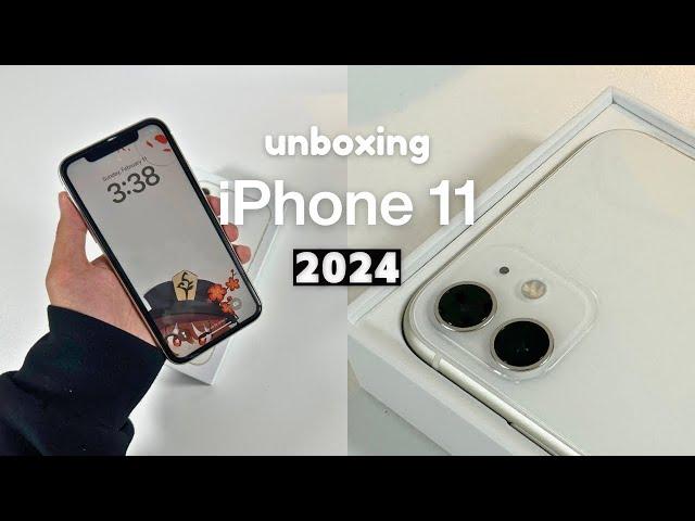 iPhone 11 Unboxing in 2024 (white) 128gb  aesthetic setup & accessories plus camera test