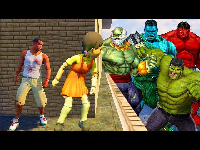 Franklin play HIDE AND KILL with Squid Game Doll & HULKS In GTA 5...