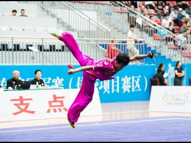 Men's 9 Section Whip Chain男子双鞭 第一名 上海体院 王恩龙 9.02分 shang hai ti yuan wang en long wushu taolu