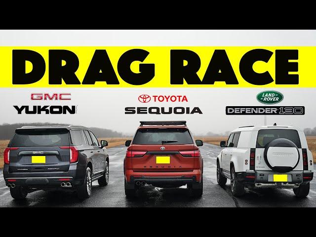 Battle of Giants! 2024 Toyota Sequoia vs Land Rover Defender 130 vs GMC Yukon . Drag and Roll Race