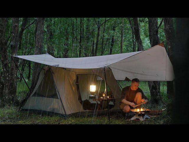 Solo CAMPING in RAIN [ relaxing in the cosy tent shelter | ASMR ]