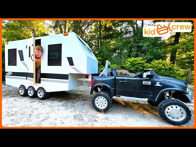 Camping adventure with kids RV trailer and ride on truck, sleeping in camper. Educational | Kid Crew