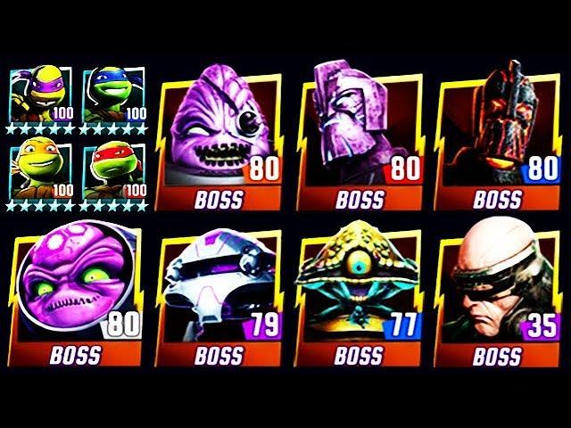 ALL PLATINUM MAX LEVEL 100 NICK TURTLES vs ALL BOSSES (TMNT LEGENDS)