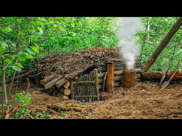 building underground bushcraft shelter for survival with clay oven