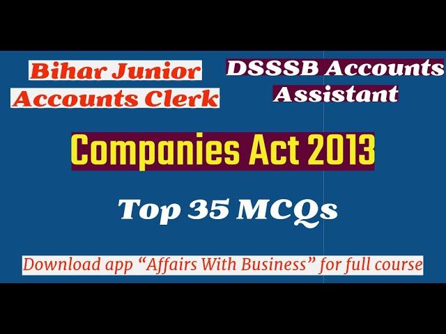 Company Act 2013 Most Important MCQ | DSSSB Accounts Assistant | BSPHCL Junior Accounts Clerk