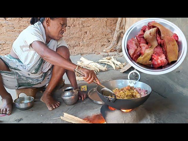 how to cook Indian poor Grandma PORK MEAT CURRY and eat||actual life India..