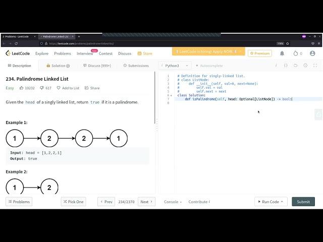 Palindrome Linked List | LeetCode | Easy | Python Solution | Interview Preparation