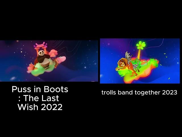 comparison of the dreamworks logo 2022 with the 2023 variant in (Trolls 3)