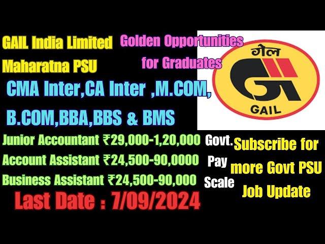 GAIL India Recruitment 2024 CMA Inter CA Inter BCOM MCOM BBA BBS BMA Latest Govt Job Update #viral