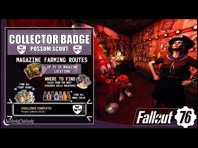 Collector Badge | Fallout 76 Possum Guide | Where to Farm Magazines | Find Teddy Bears and Nuka Cola