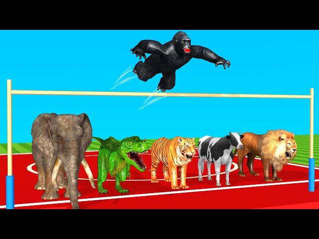 Cow Elephant Lion Tiger T-Rex Gorilla Wild Animals High Jump Challenge | Animals Speed Race