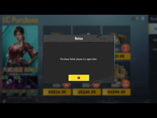 Purchase Failed Please Try Again Later | PUBG MOBILE IN GAME UC PURCHASING ISSUE