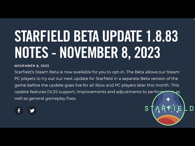Starfield: Patch Notes Update 1.8.83 Beta - 8 November 2023