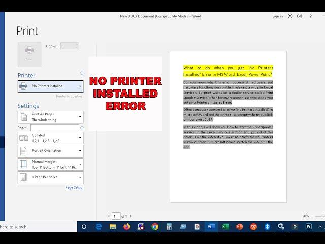 what to do when you get no printer installed error in MS Word, Excell, Powerpoint etc.. 2025