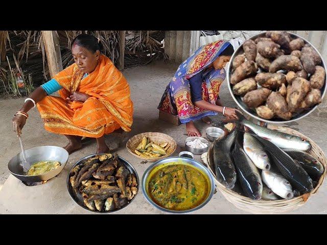 FISH CURRY with KOCHU cooking &eating by our tribe couple||rural life India